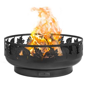 Schwarze CookKing Feuerschale Toronto Ø 80 cm mit Flammen und Blattmuster.