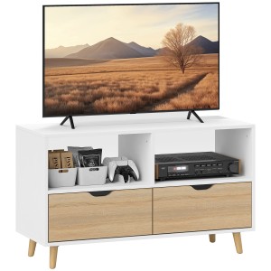 Weißes HOMCOM TV Lowboard mit Holzfüßen, Schubladen und offenen Fächern. Ideal als TV Schrank.