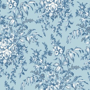 Laura Ashley Vliestapete Picardie Blue Sky mit floralem Muster aus Rosen, Fingerhüten und Butterblumen.