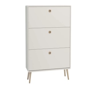 Weißer ebuy24 Softline Schuhschrank mit 3 Klappen und Holzfüßen.