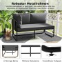 Graues 2-Sitzer Garten Lounge Sofa mit Kissen, schwarzem Metallrahmen und verstellbaren Fußpads.