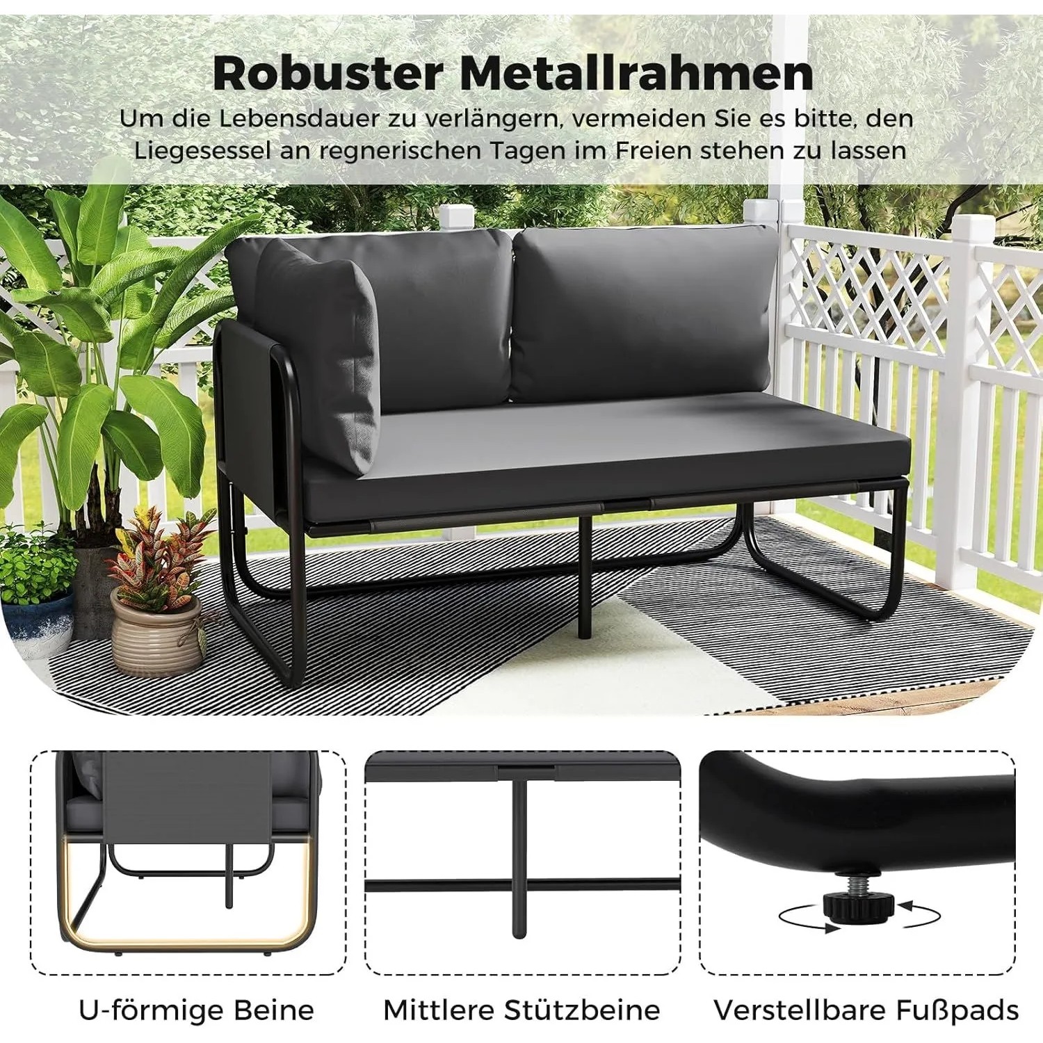 Graues 2-Sitzer Garten Lounge Sofa mit Kissen, schwarzem Metallrahmen und verstellbaren Fußpads.