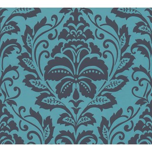 Barock Tapete in Blau, Schwarz und Grau mit glänzendem Hintergrund und floralem Muster.