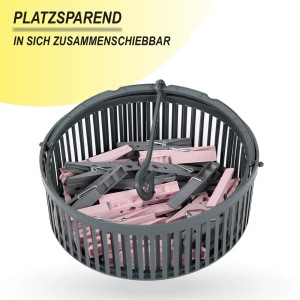 ProHome Wäscheklammern (30 Stk.) im grauen Teleskopkorb, rosa und graue Klammern.