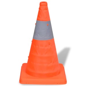Aufklappbarer, orangefarbener Verkehrsleitkegel mit Reflexstreifen, 42 cm hoch.