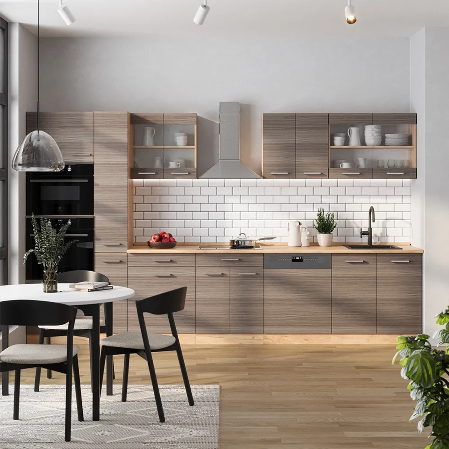 Moderne Vicco R-Line Küchenzeile in Edelgrau/Goldkraft Eiche mit anthrazitfarbener Arbeitsplatte, 350 cm breit.