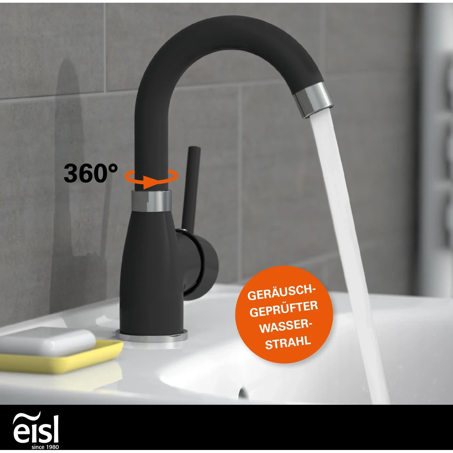 Eisl Waschtischarmatur Futura in Schwarz-Chrom mit schwenkbarem Auslauf und laufendem Wasser.
