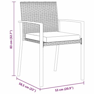 vidaXL Garten Esszimmer Set, 5-teilig, grau, Poly Rattan, Stuhl mit Kissen und Maßangaben.