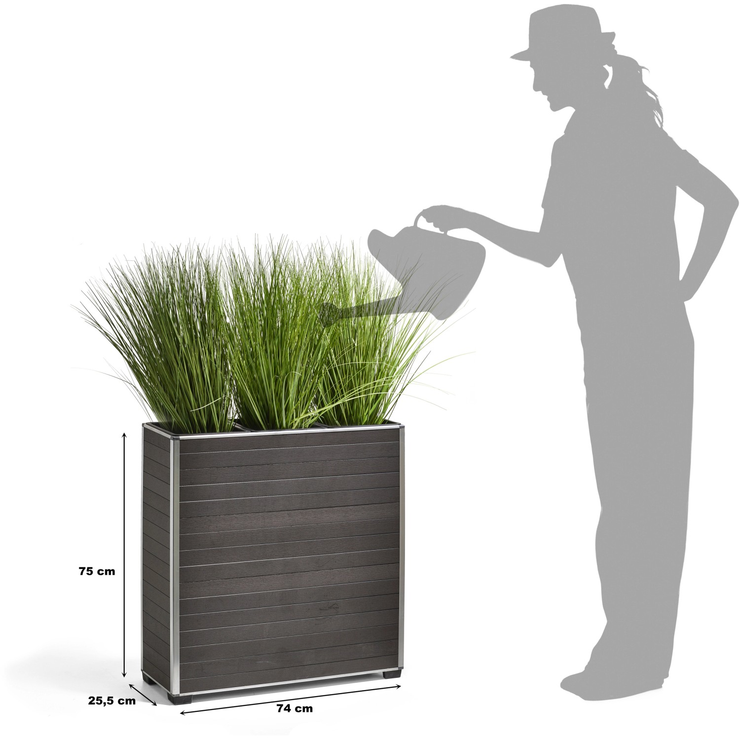 Anthrazitfarbener Gartenfreude Pflanzkübel aus WPC, 74x25,5x75 cm, mit Bepflanzung und Größenangaben.