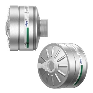 Zwei silberne Dräger Kombinationsfilter K2 P2 R D mit Rd40 Anschluss für Atemschutzmasken. Gas- und Partikelfilter.