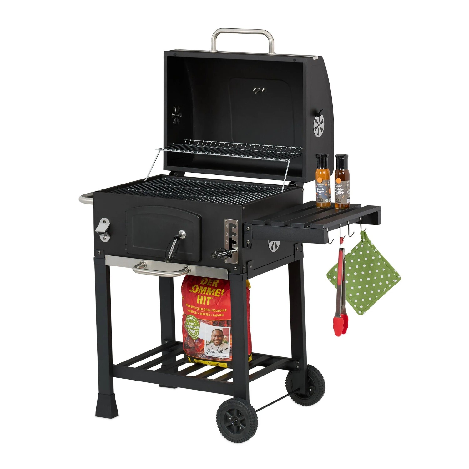 Relaxdays Grillwagen Stahl Schwarz mit Deckel und Thermometer Höhenverstellbar 104 cm x 103 cm x 65 cm 22,8 kg