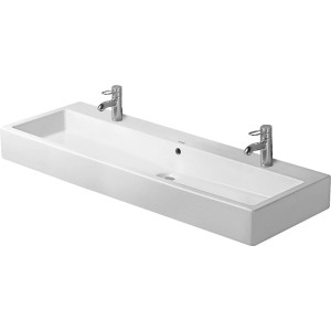 Weißer Duravit Waschtisch Vero, 1200 mm breit, mit zwei Hahnlöchern und Überlauf.