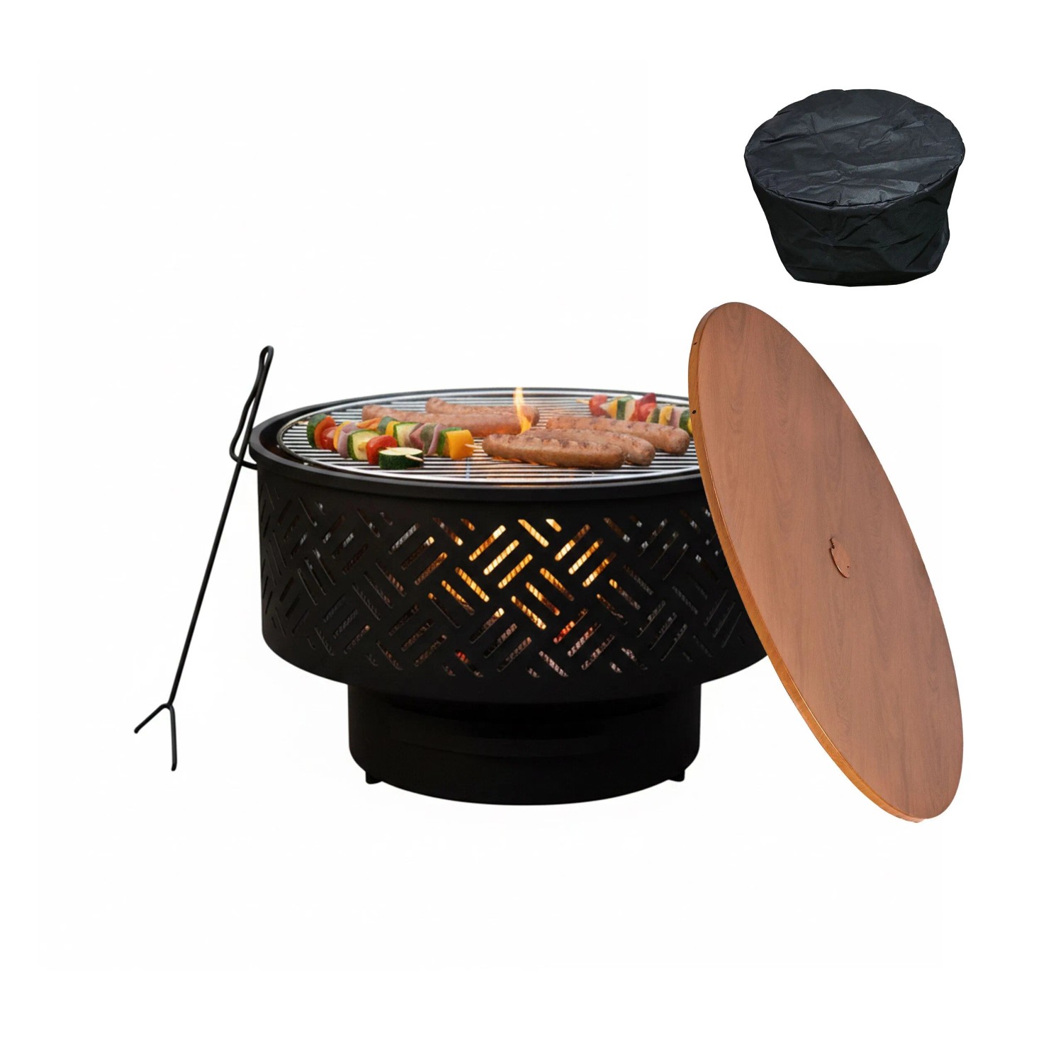 Relaxdays Feuerschale Stahl Schwarz mit Deckel und Grillrost 43 cm x 66 cm