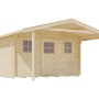 Unbehandeltes Weka Holz-Gartenhaus mit Satteldach und überdachtem Bereich.
