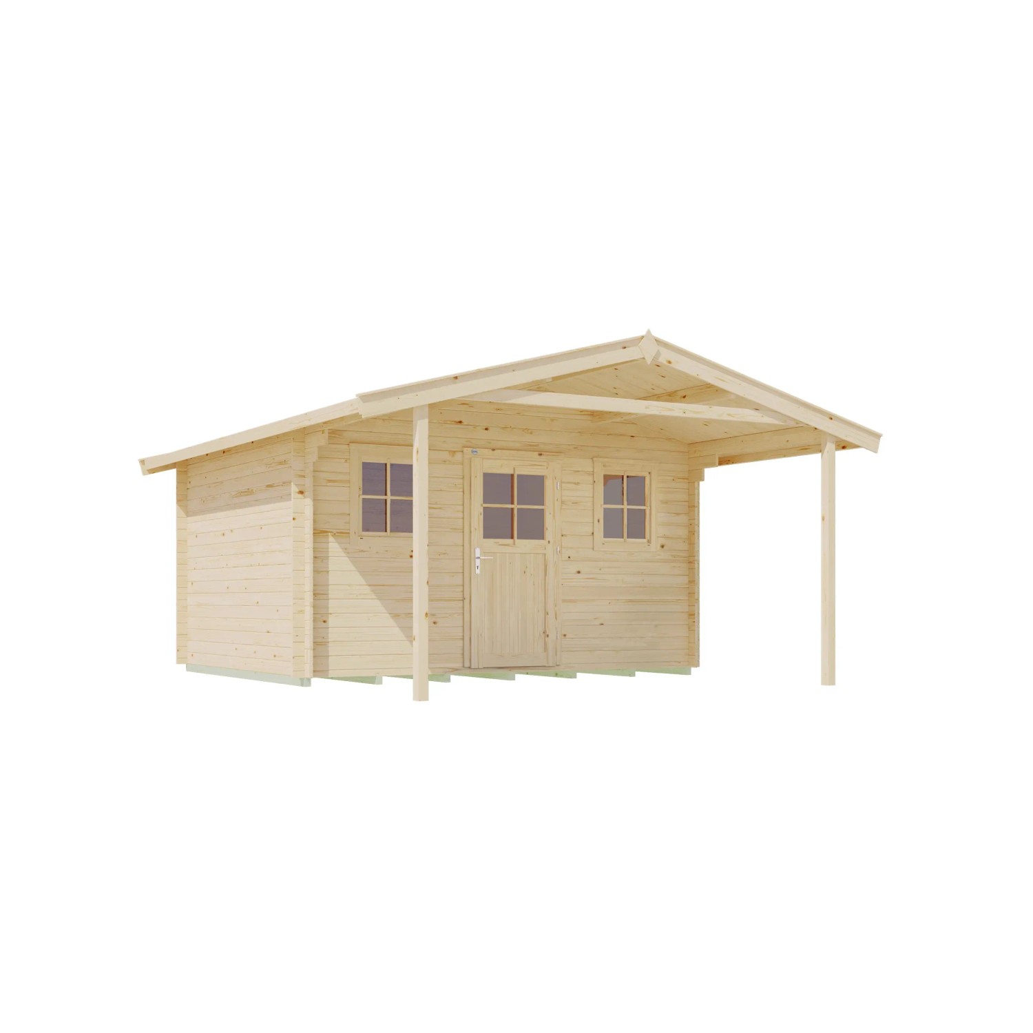 Unbehandeltes Weka Holz-Gartenhaus mit Satteldach und überdachtem Bereich.