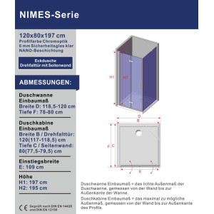 Aquabatos Faltbare Duschkabine aus 6 mm Nano Sicherheitsglas Eckeinstieg 120 x 80 x 197 cm Eckdusche Duschtür mit Seitenwand