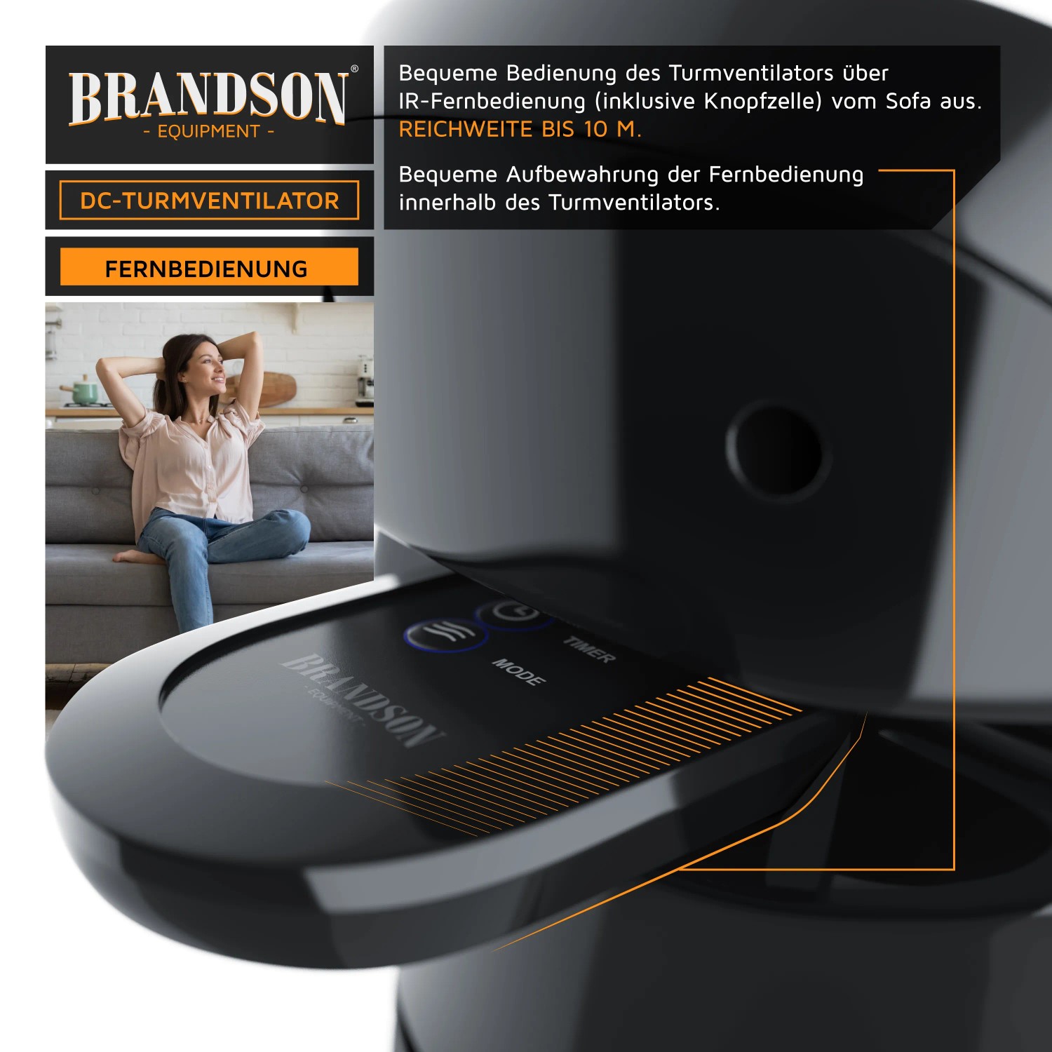 Brandson Turmventilator Silent Eco Green mit Fernbedienung und Display. Frau entspannt auf Sofa im Hintergrund.
