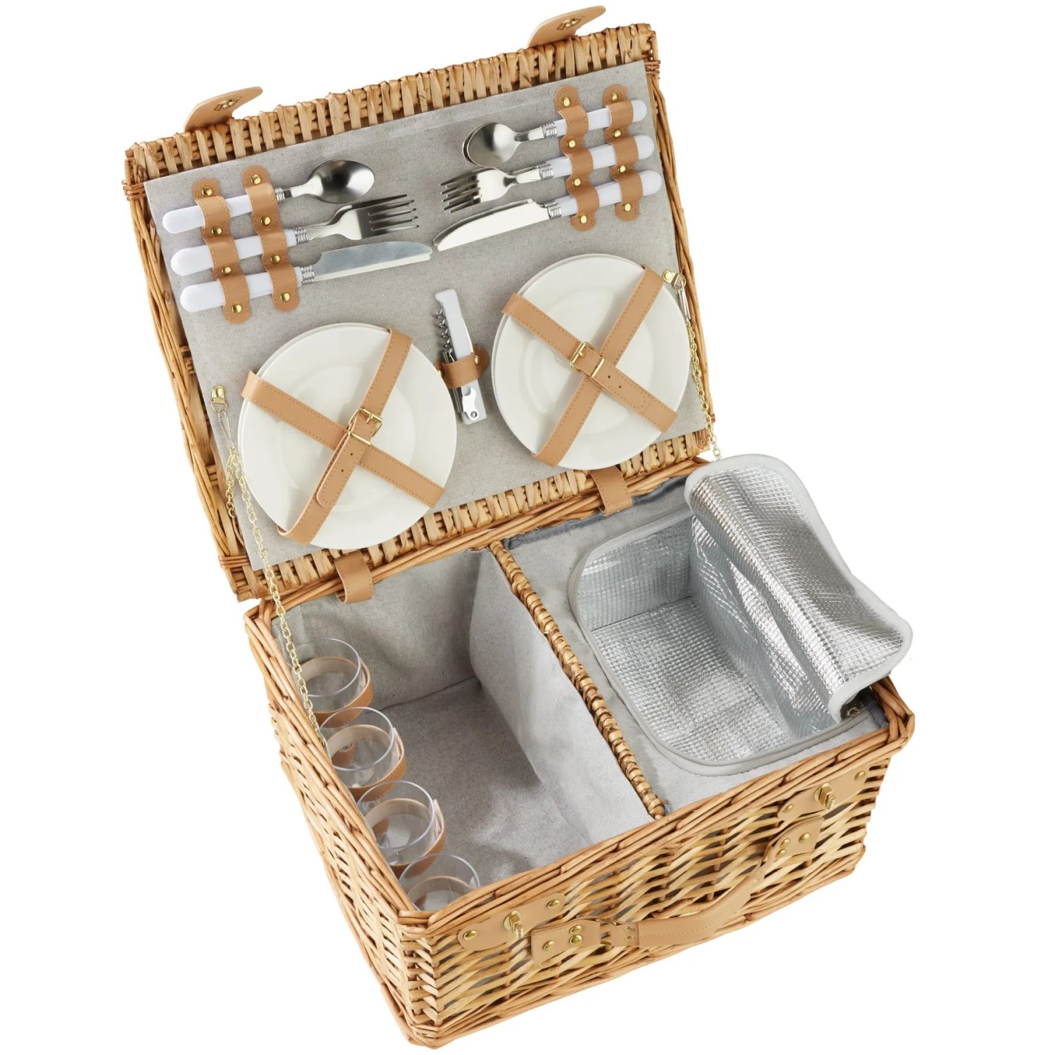Tectake Picknickkorb Föhr Für 4 Personen Integriertes Kühlfach  37 x 45 x 21 cm Braun