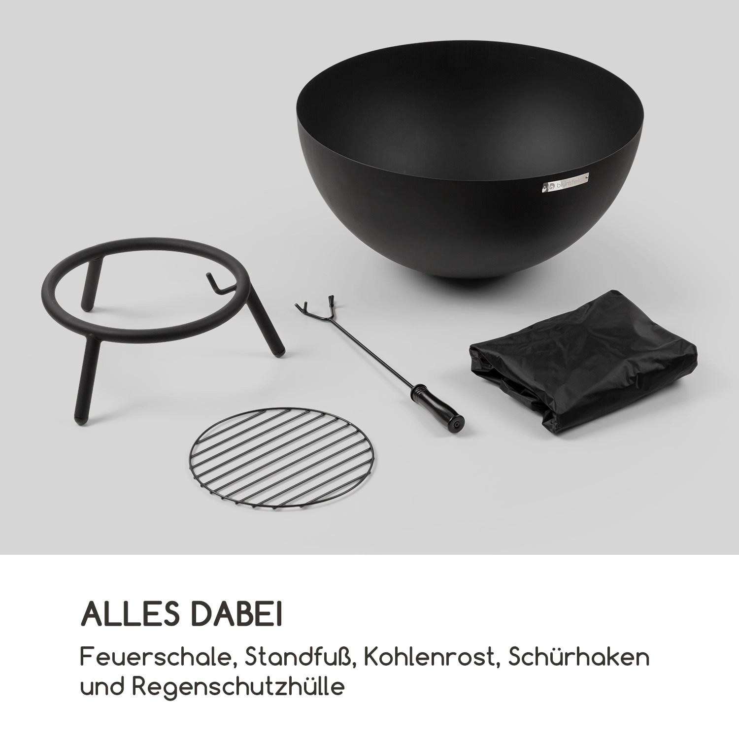 Blumfeldt Fireball Feuerschale (Ø 66cm) mit Zubehör: Standfuß, Kohlerost, Schürhaken und Regenschutzhülle.