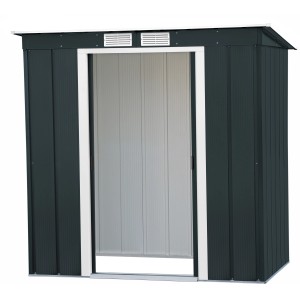 Duramax Metallgerätehaus Pent Roof Eco 6x4 in Anthrazit, offene Schiebetür.