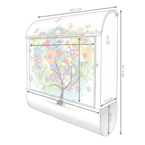 Silberner Banjado Design Briefkasten mit Märchenzauberbaum Motiv und Zeitungsfach, 39x47x14cm.