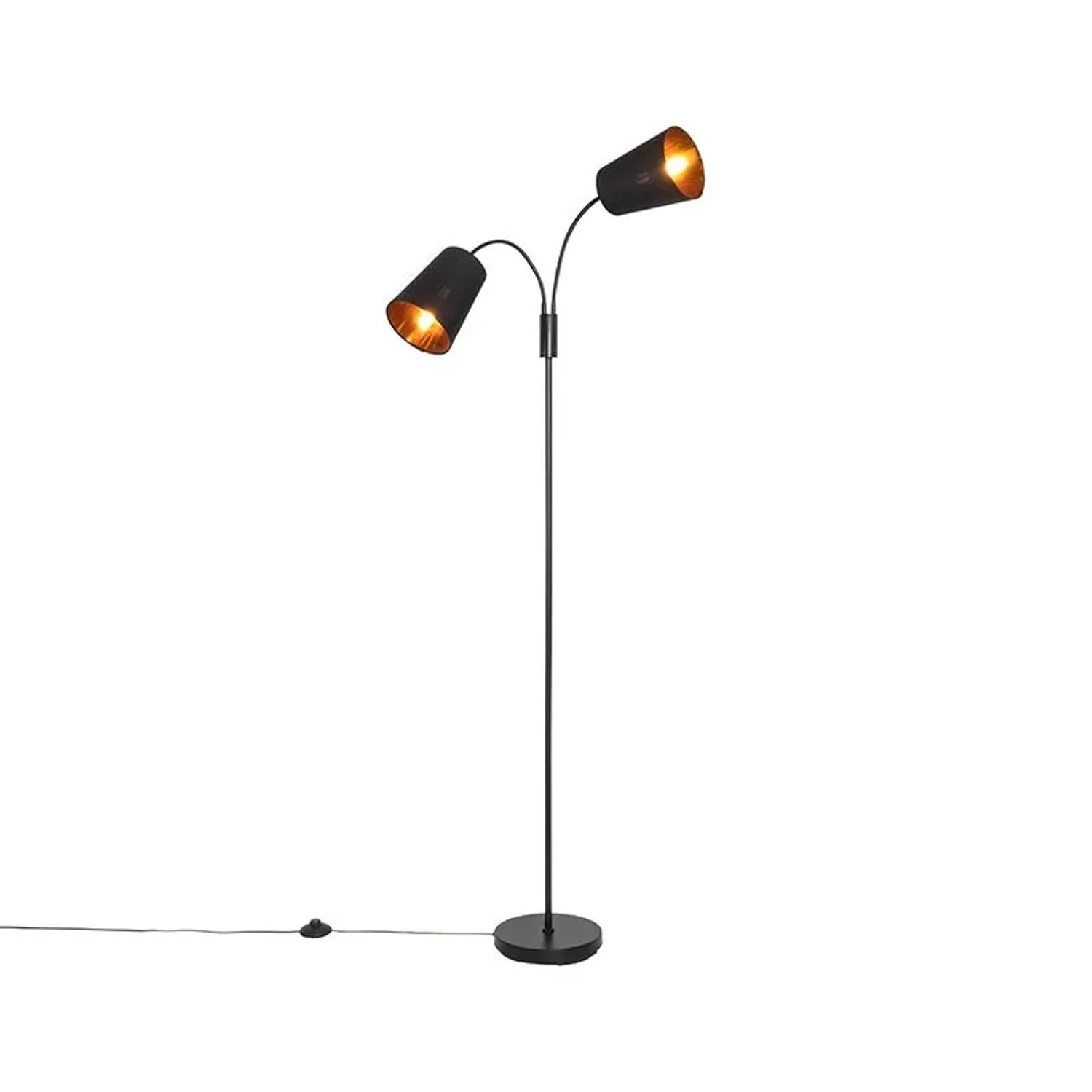 Moderne, schwarze Stehlampe „Carmen“ von QAZQA mit zwei Leuchten und goldfarbenen Innenseiten.