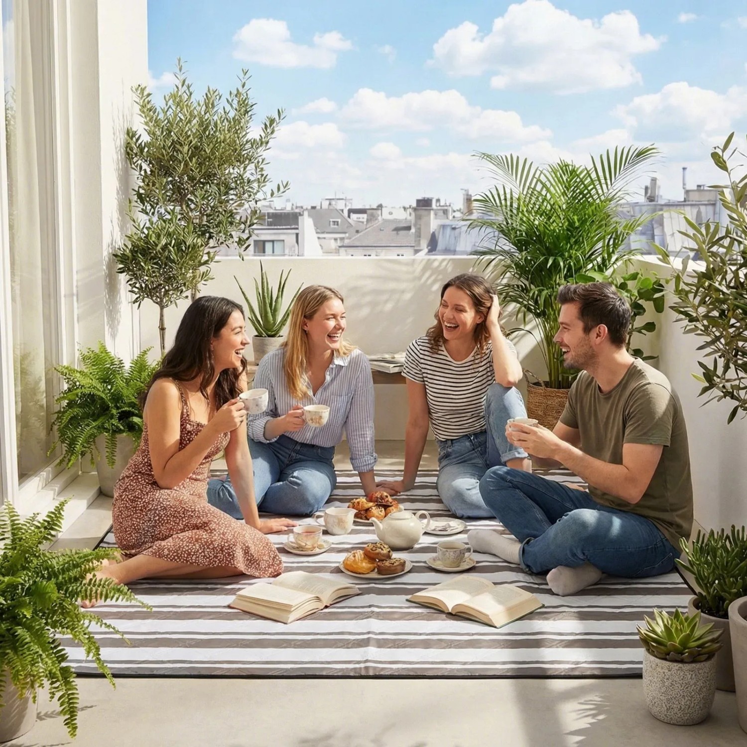 Sekey Picknickdecke braun gestreift, 200x200cm, mit Freunden auf dem Balkon.