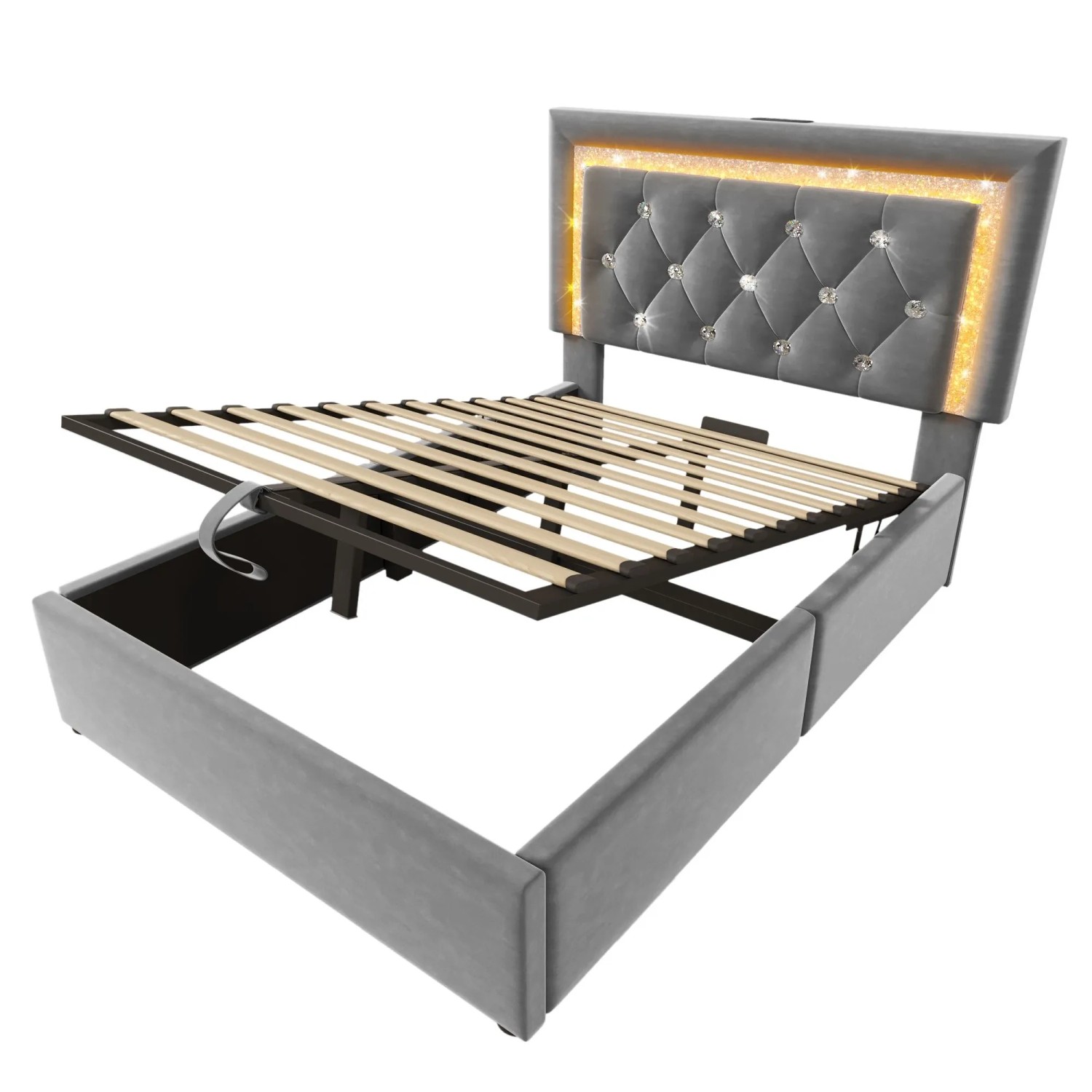 okwish Polsterbett 90x200cm mit LED Stauraum Jugendbett Grau ohne Matratze