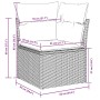 Detailansicht Gartenmöbel: Hellgraues Ecksofa aus Rattan mit Kissen, Maße eingezeichnet.