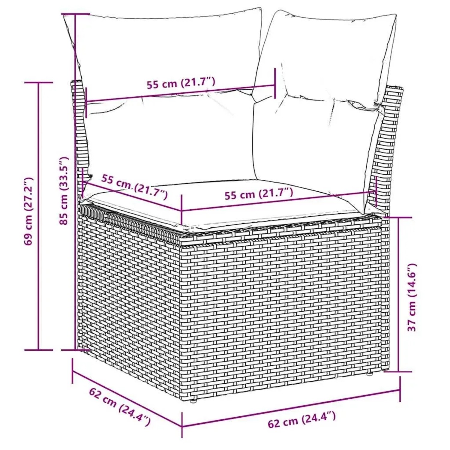 Detailansicht Gartenmöbel: Hellgraues Ecksofa aus Rattan mit Kissen, Maße eingezeichnet.