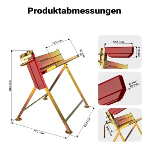 Wiltec Sägebock mit Kettensägenhalter, verzinkt. Detaillierte Abmessungen des zusammenklappbaren Arbeitsbocks aus Stahl.