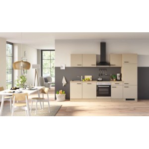 Moderne Flex-Well Einbauküche Creso 280 cm: Cashmere matt Fronten, Provence Oak Arbeitsplatte, schwarze Griffe, Dunstabzug.