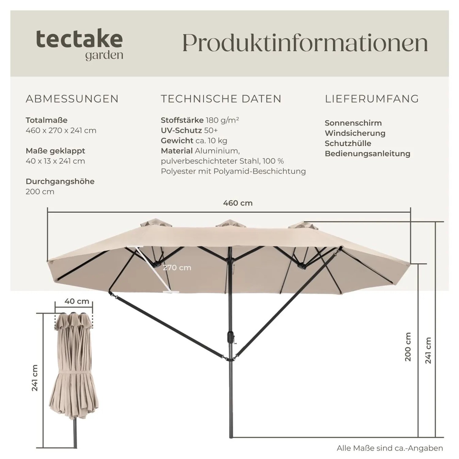 Beiger Tectake Doppelsonnenschirm Silia 460x270 cm mit Maßen und Lieferumfang.