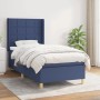 Blaues Boxspringbett (90x200 cm) mit Matratze und Stoffbezug. Bett mit hohem Kopfteil.