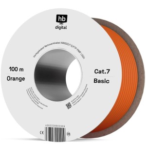 hb-digital CAT7 Netzwerkkabel, 100m, orange, auf Spule. Verlegekabel für hohe Ansprüche.