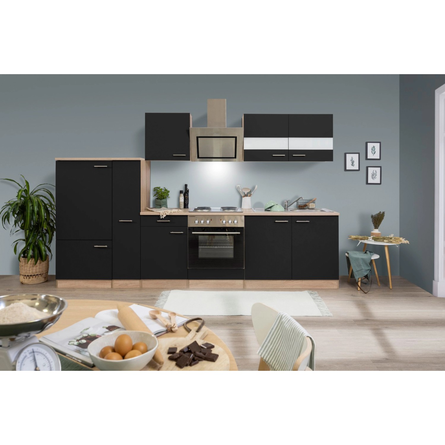 Respekta Economy Küchenzeile/Küchenblock KB300ESSS 300 cm Schwarz-Eiche Sägerau