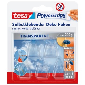 Tesa Powerstrips Deco-Haken transparent, 5 Stück, mit 8 Powerstrips. Selbstklebend, spurlos ablösbar, max. 200g.