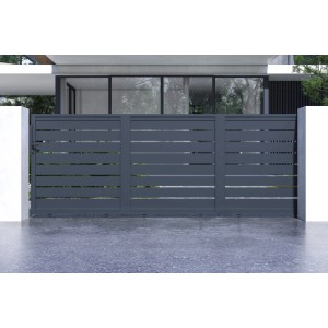 Graues Casanoov Schiebetor Vogel 4,5 m aus Aluminium, ideal für windige Standorte.