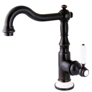 PaulGurkes Waschtischarmatur im Retrodesign, Küchenarmatur in dunklem Messing mit Keramikgriff.