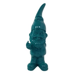 Türkise Deko-Figur Zwerg mit spitzer Mütze und Bart, zeigt den Stinkefinger. 17,5 cm, Polyresin.
