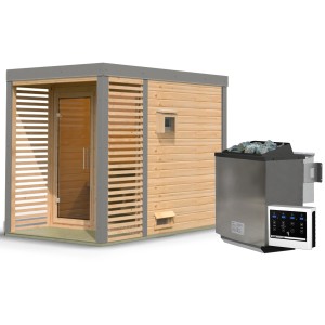 Karibu Saunahaus Seros 1 mit Ofen, naturbelassen/graualuminium, mit Terrasse und Klarglasfenster.