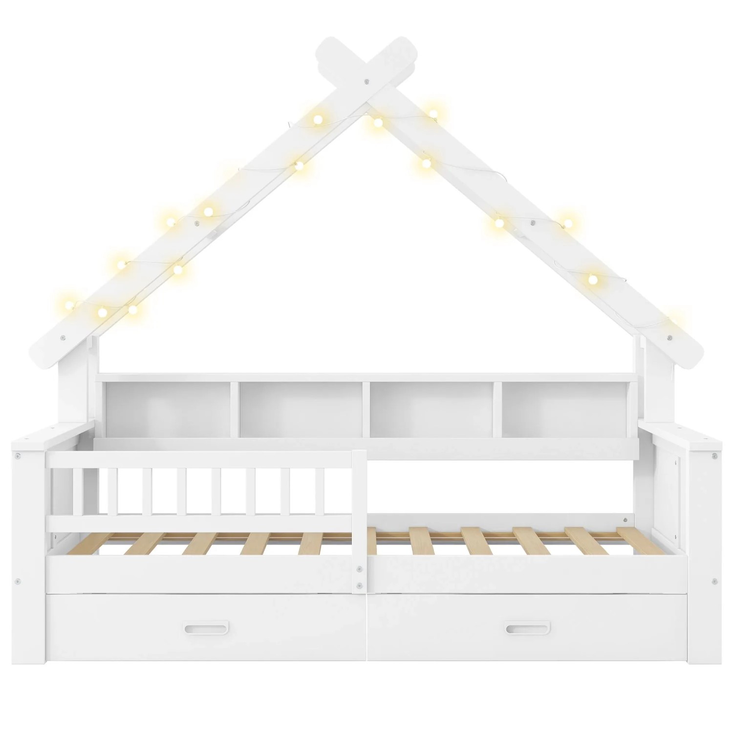 Merax Holz Hausbett 90x200 cm Mit LED Ablagefächern Schubladen Schutzgitter Weiß