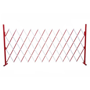 Ausgezogenes, rot-weißes MCW Scherengitter aus Aluminium, 153cm hoch, als flexibler Gartenzaun.