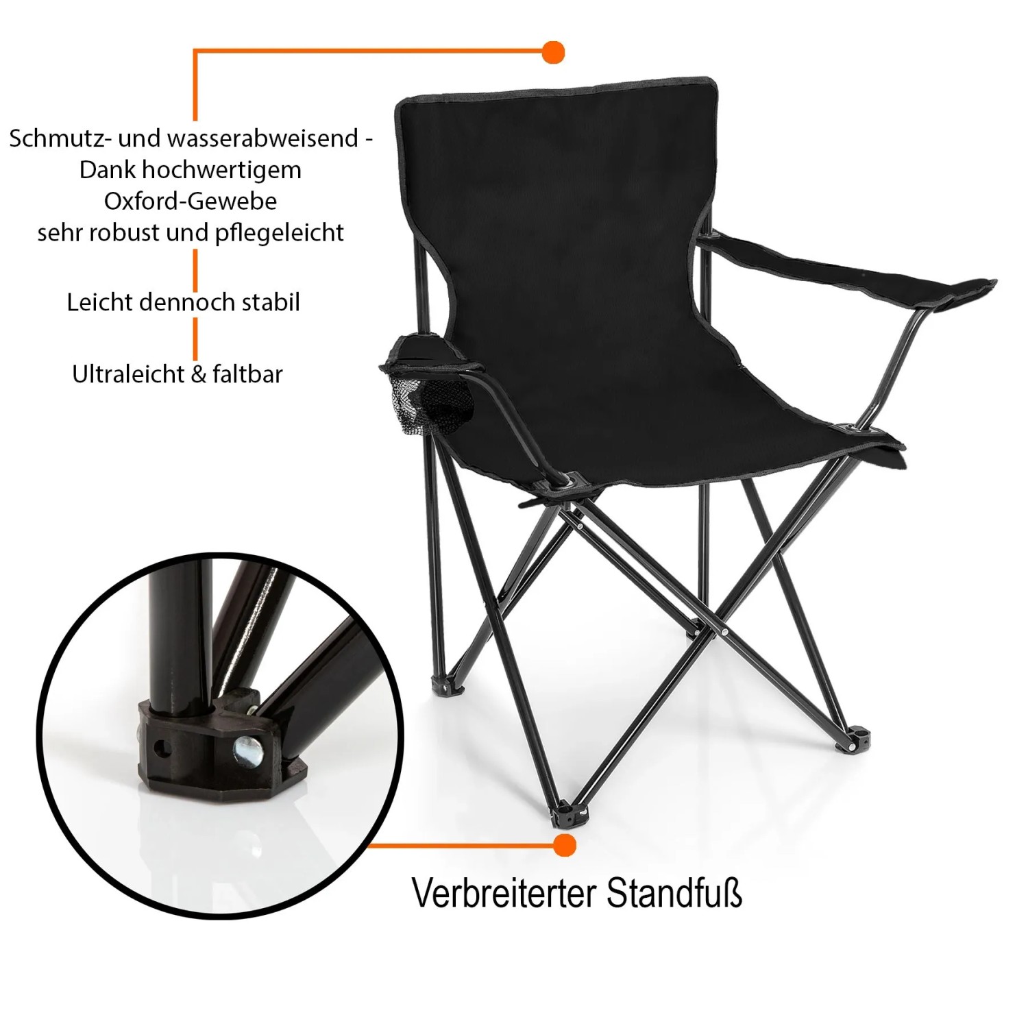 Schwarzer, faltbarer Campingstuhl mit Armlehnen und Stahlgestell.