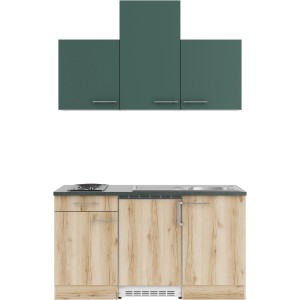 OPTIFIT Miniküche in Steingrün/Wildeiche Optik mit Kochfeld, Spüle und Kühlschrank.