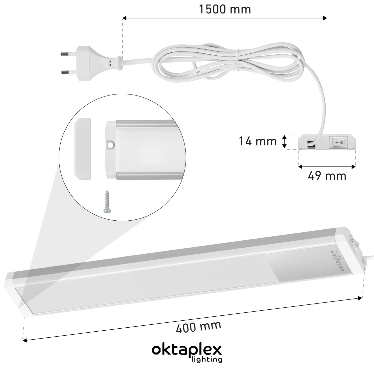 Flache Oktaplex LED Unterbauleuchte Küche, 40cm, Aluminium, warmweiß, mit Schalter und Befestigung