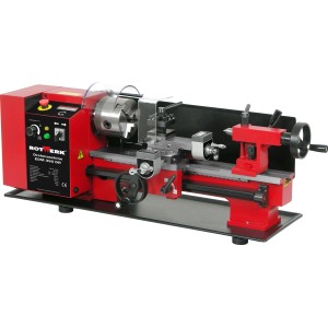 Rotwerk Drehmaschine EDM 350 DR, rote Metallkonstruktion mit Dreibackenfutter und Digitalanzeige.