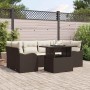 Braunes 7-teiliges Garten-Sofa-Set aus Poly Rattan mit Kissen und Tisch.