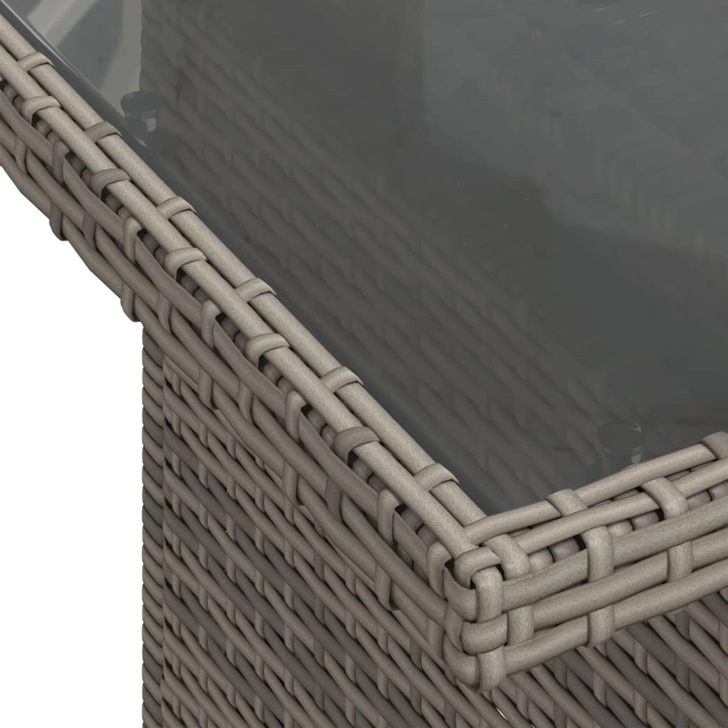 Detailansicht Gartentisch der vidaXL Sofagarnitur, grauem Poly Rattan und Glasplatte.