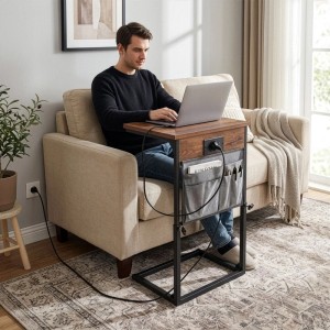 Relaxdays Beistelltisch MDF Eisen Braun Schwarz Grau Höhenverstellbar 45 bis 84 cm x 40,5 cm x 30,5 cm